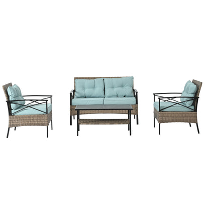 Outdoor Patio Set PE Rattan Brown 4 Piece Cushioned