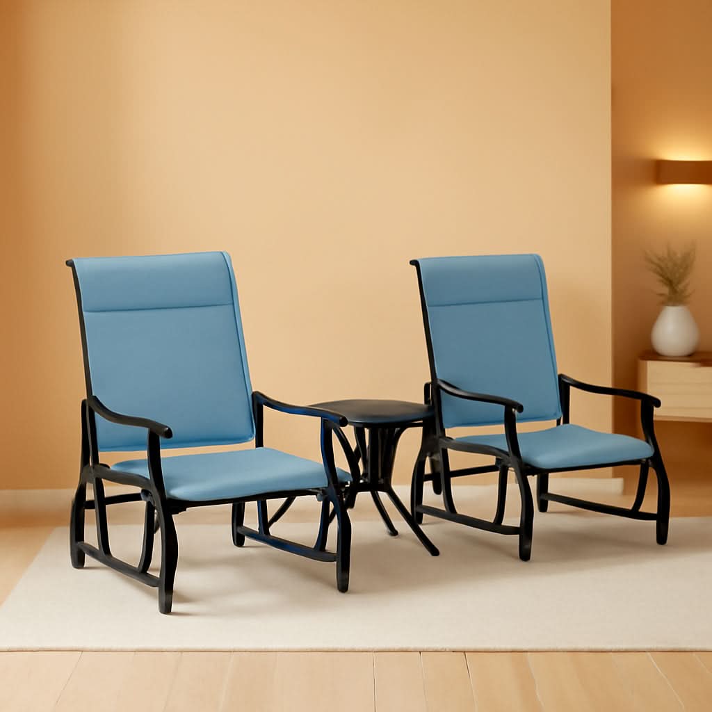 Light Blue Outdoor Glider Set With Steel Frame Glass Table