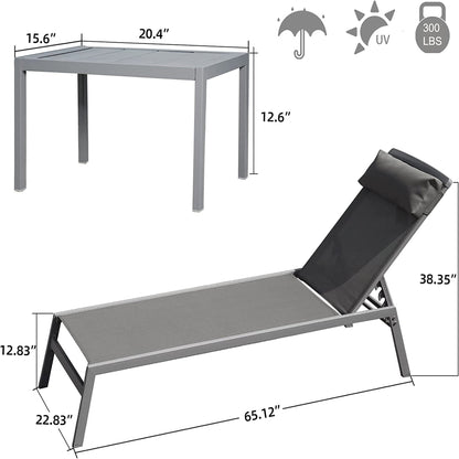 3 Piece Aluminum Chaise Lounge Set Gray Textilene 5 Position