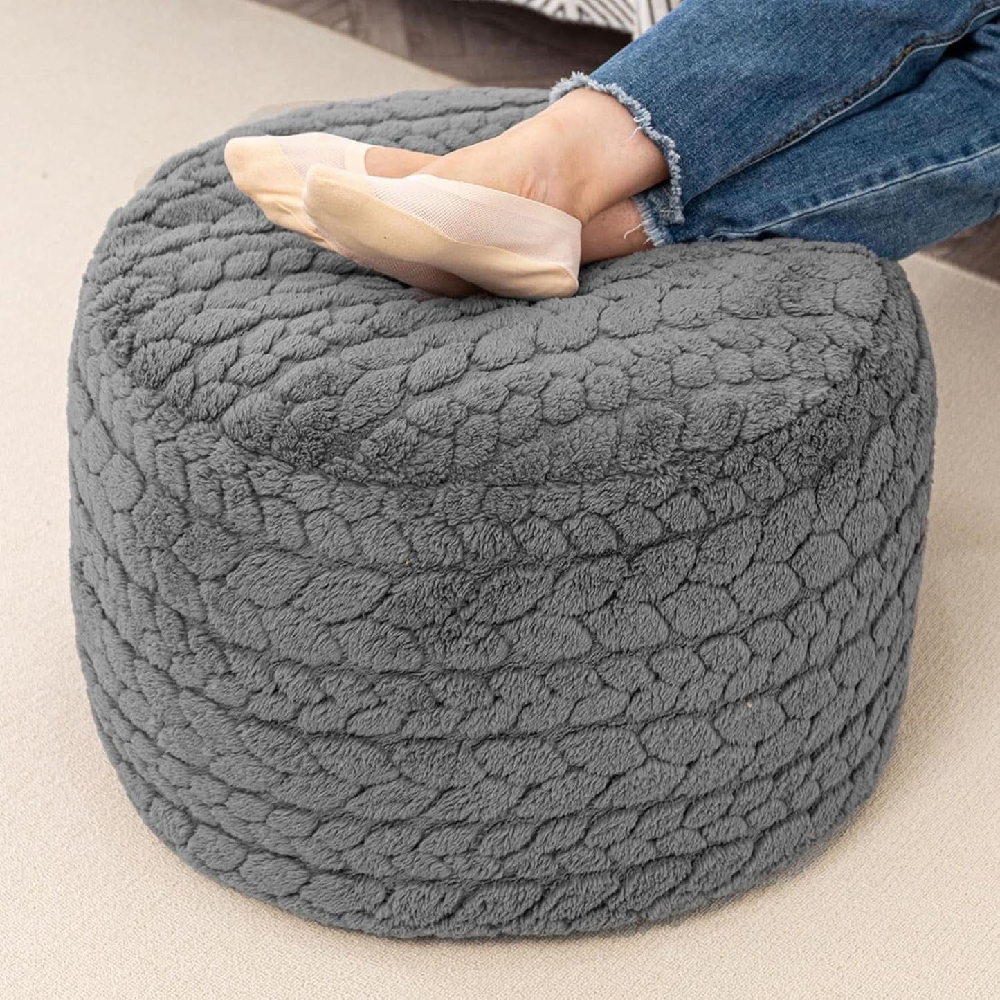 Luxuriously Round Pouf Ottoman 20x20 Gray Footrest