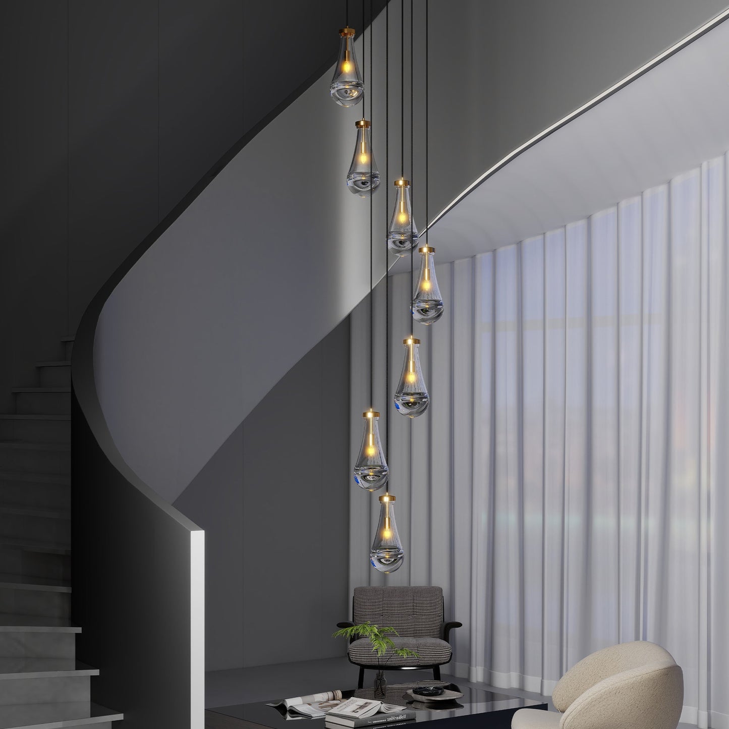 Chandelier 7-Light Pendant Adjustable Black Living Room Foyer Stairwell