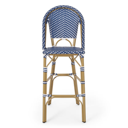 Outdoor PE Rattan French Barstool Set, Dark Teal and White, Aluminum Frame,