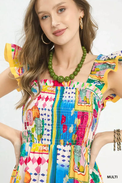 Umgee Abstract Print Smocked Ruffle Sleeve Tiered Midi Dress