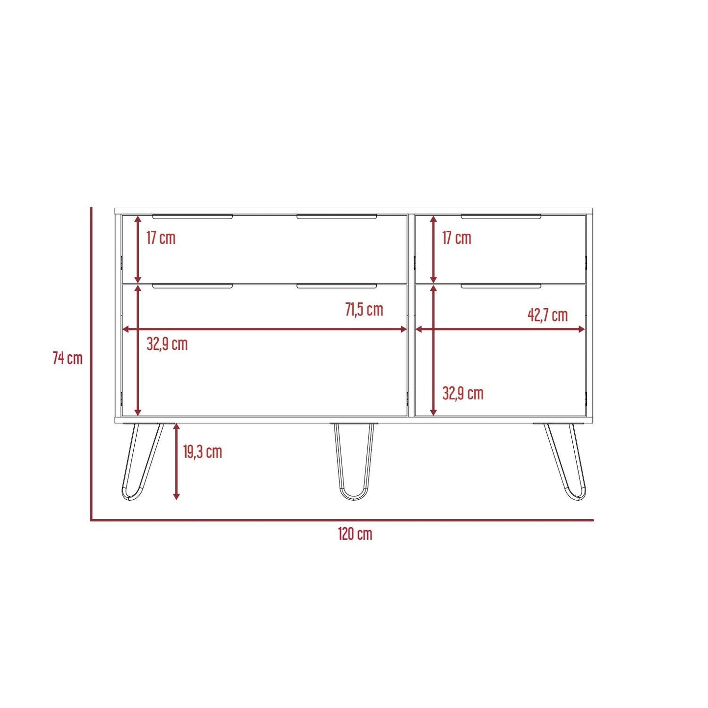 Dresser Modern Set of 2 4-Drawer Light Ash Particle Board Metal Legs 47.2 In