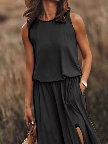 Full Size Round Neck Sleeveless Slit Maxi Dress Plus Size
