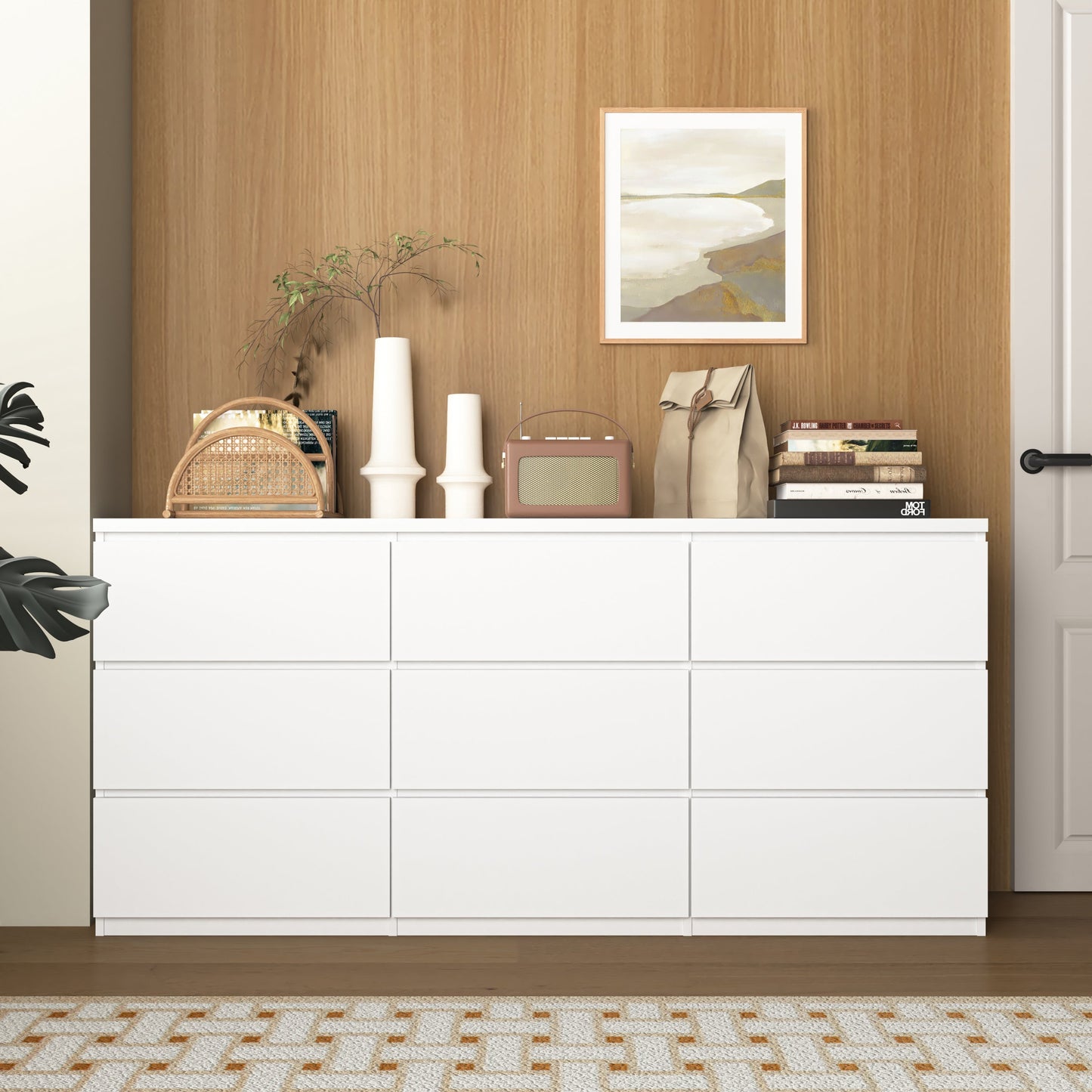 Dresser Modern 9-Drawer White Particle Board Handleless 63x15.74x29.5 In