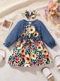 Children's Ruffled Bow Contrast Floral Dress with Headband