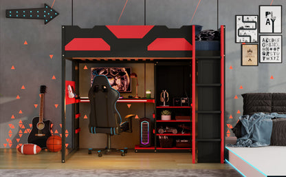 Full Size Wood Loft Bed with Desk, Multi-storage Shelves,USB and RGB Light, Red