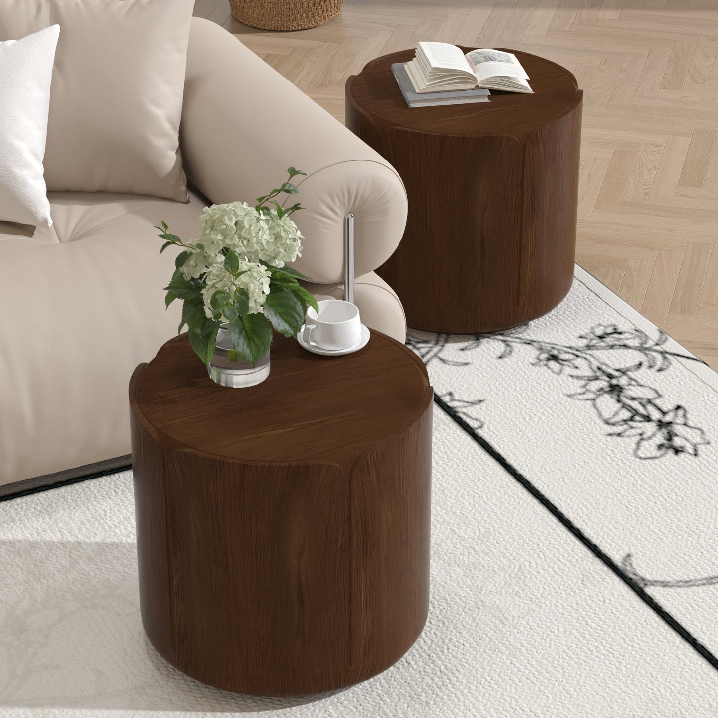 19.29 in Outdoor Side Table Set of 2, Wood Grain, Waterproof, Patio, Brown