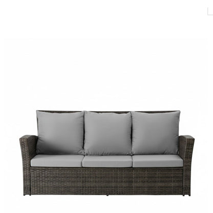 Outdoor Sofa PE Rattan 3 Seat Gray Cushions Black Iron Frame 68in