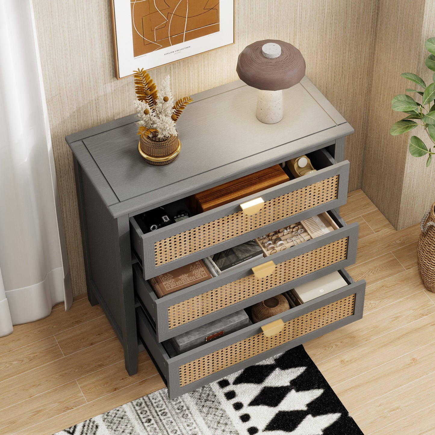 3-Drawer Cabinet - Natural Rattan - Suitable for Bedroom, Living Room, or Study