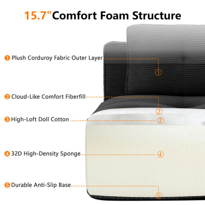 Sectional Sofa Modular Corduroy Black 3 Seat Tufted No Assembly
