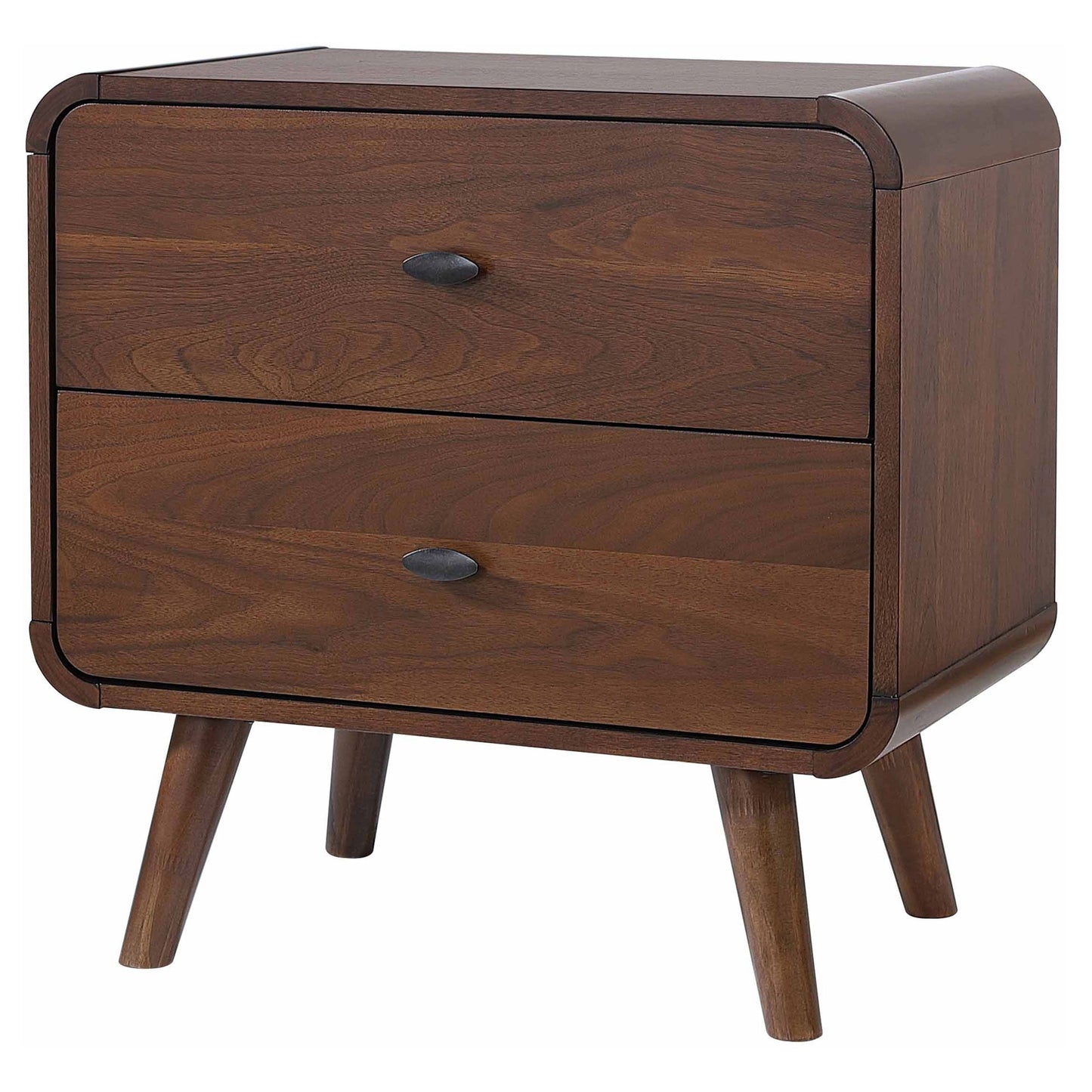 Nightstand Mid-Century Modern Dark Walnut 2-Drawer Gunmetal Hardware 27 In