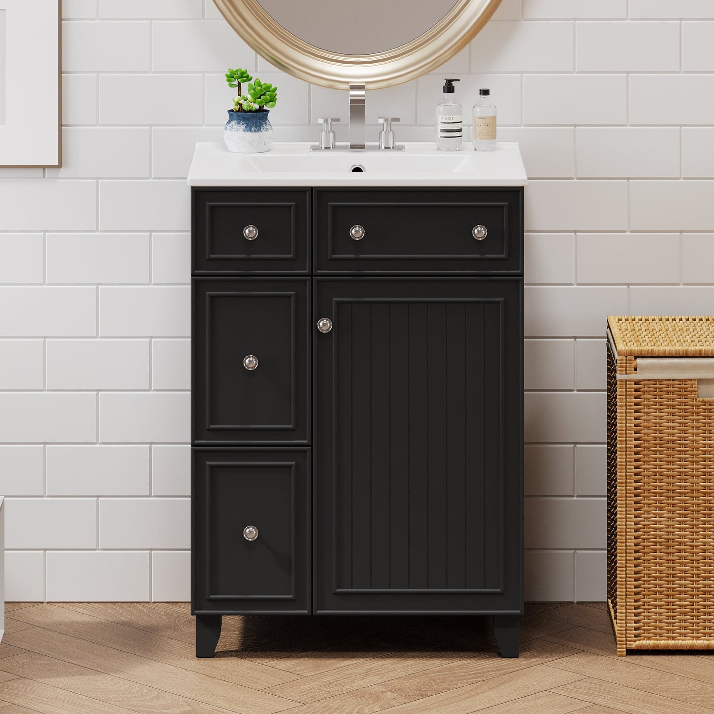 Transitional Bathroom Vanity Cabinet with Ceramic Sink, 24-Inch, Black, Solid...