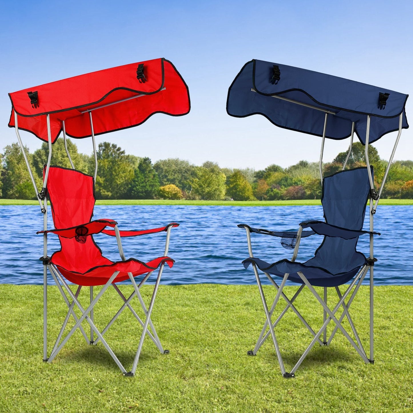 Foldable Beach Canopy Chair Sun Protection Camping Lawn Canopy Chair 330LBS Load Folding Seat w/ Cup Holder For Beach Poolside Travel Picnic