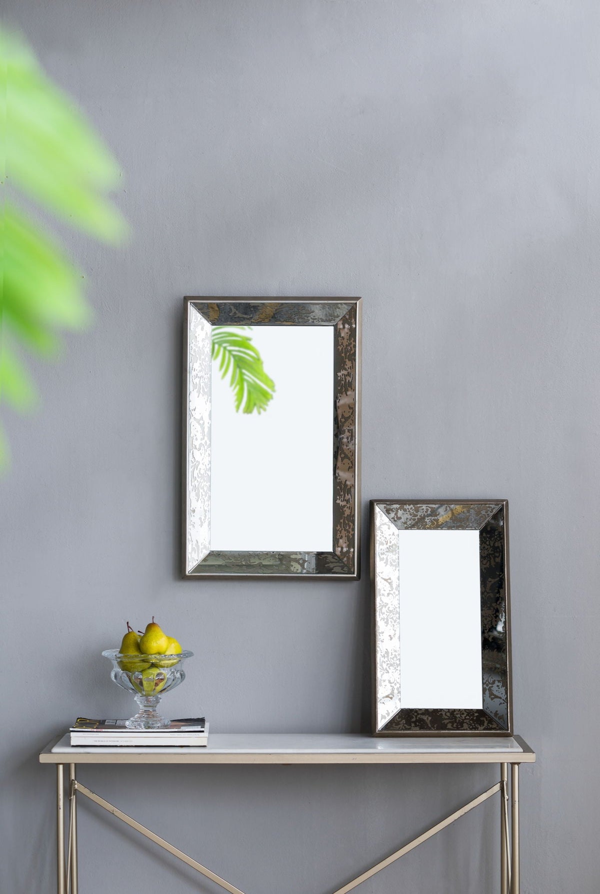 Antique Rectangle Mirror With Floral Accents, Mirrored Display Tray, Hanging Wall Mirror
