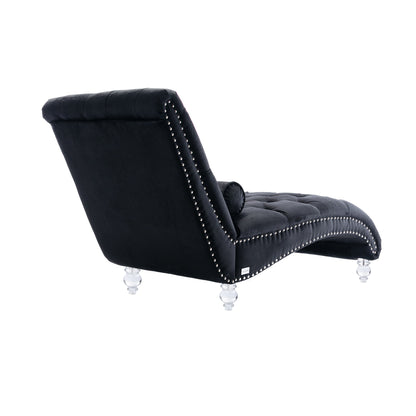 Velvet Chaise Lounge, Button-Tufted with Pillow, Black, 63.38x28.94x34.05 in
