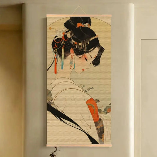Handmade Bamboo Scroll Tapestry Wall Hanging, Classical Lady Ink Painting for Boutique Hotel Bar Living Room House Decor