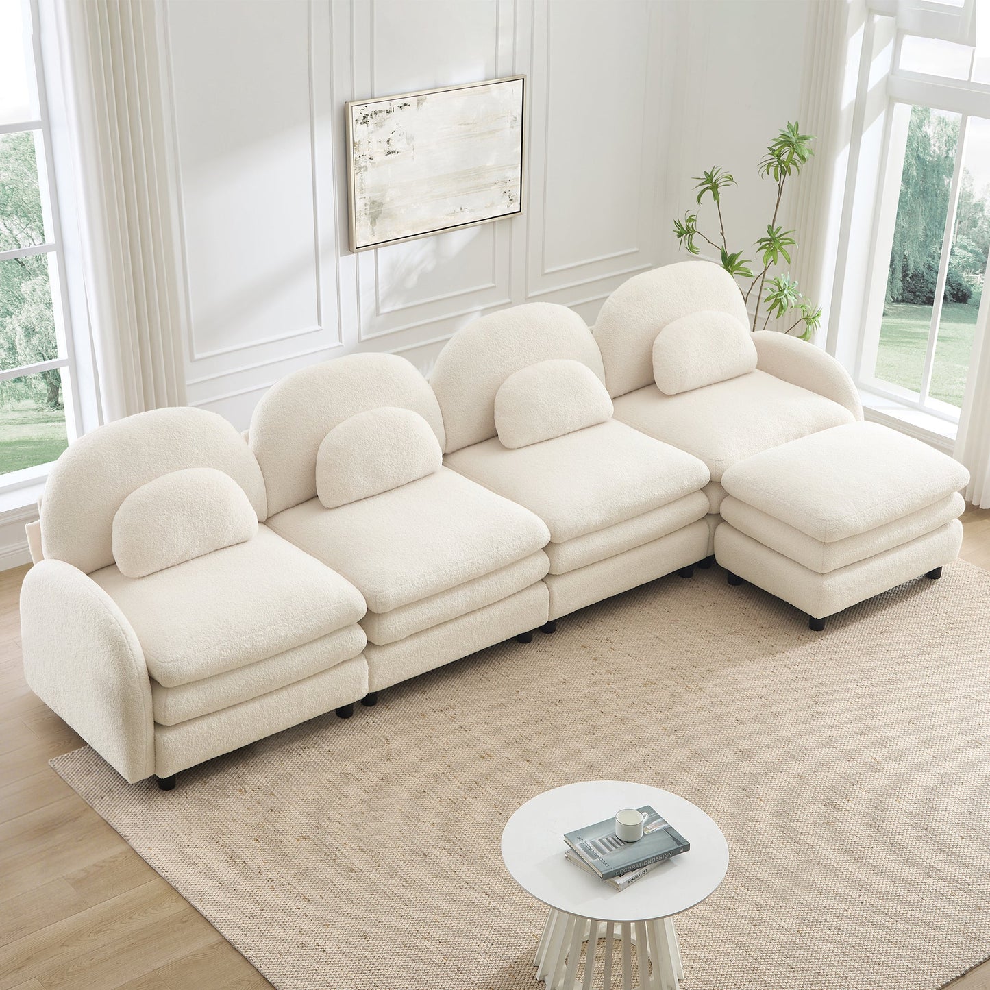Sectional Sofa Modular Cloud Teddy Beige White 4 Seat Ottoman