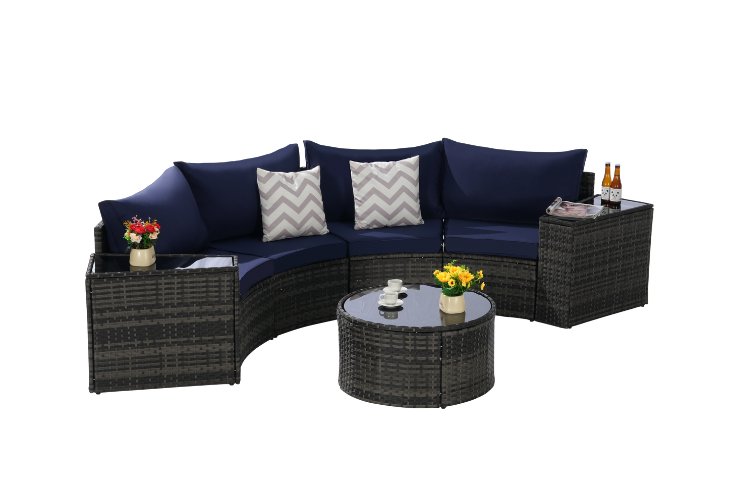 Outdoor Sectional Set PE Rattan Steel Dark Blue Half Moon 7 Piece 380 LB