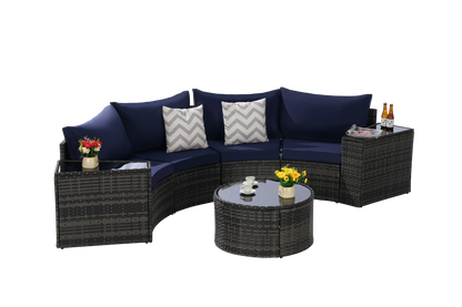 Outdoor Sectional Set PE Rattan Steel Dark Blue Half Moon 7 Piece 380 LB
