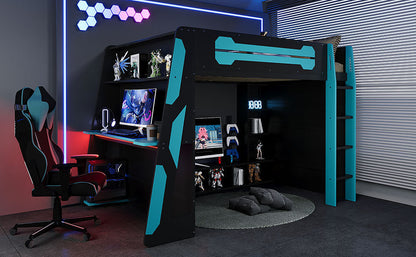 Full Size Wood Loft Bed with Desk, Multi-storage Shelves and RGB Light, Cloud
