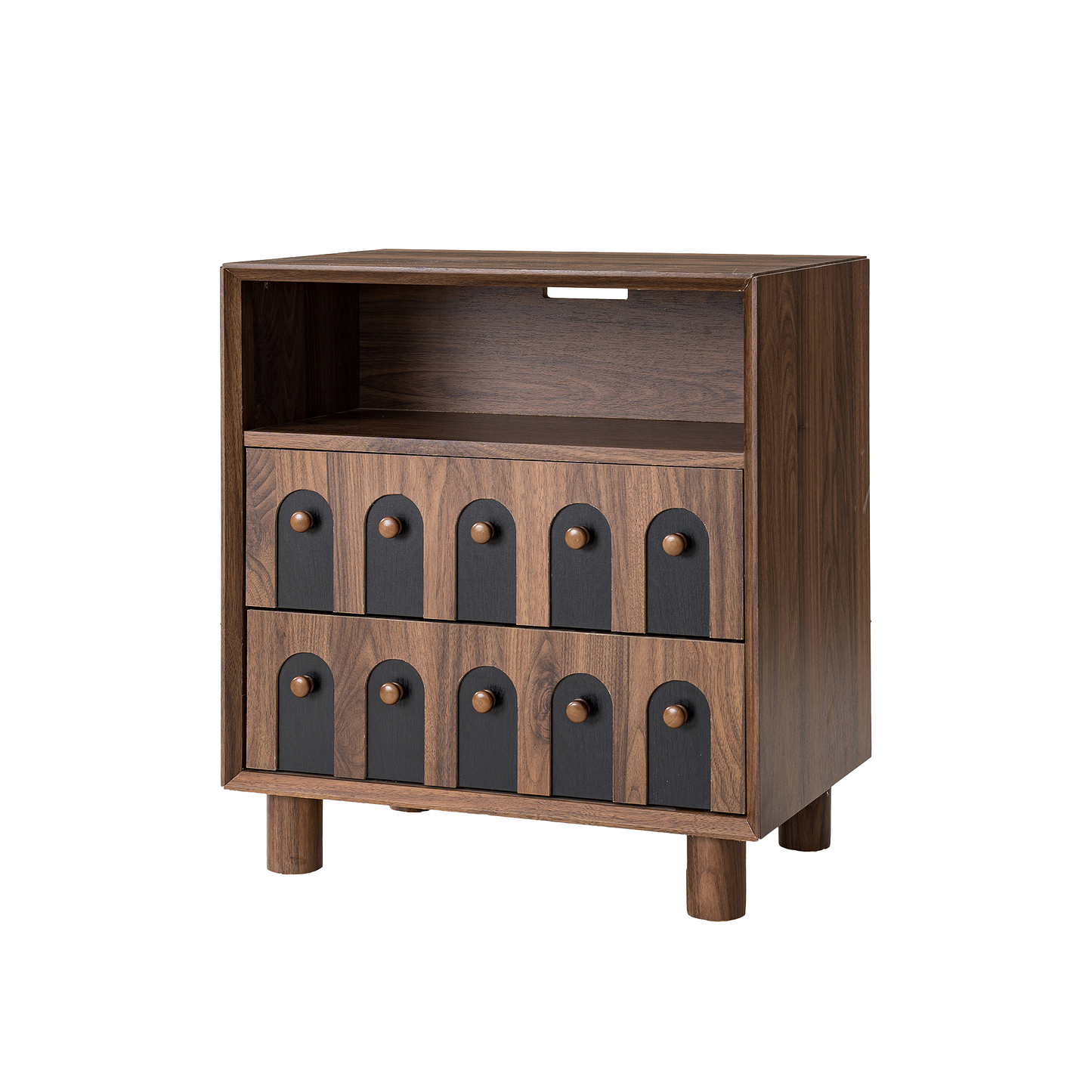 Modern Nightstand with Charging Station, 2 Drawers, Curve Mirror Design, 26 in