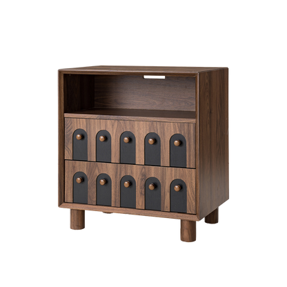 Modern Nightstand with Charging Station, 2 Drawers, Curve Mirror Design, 26 in