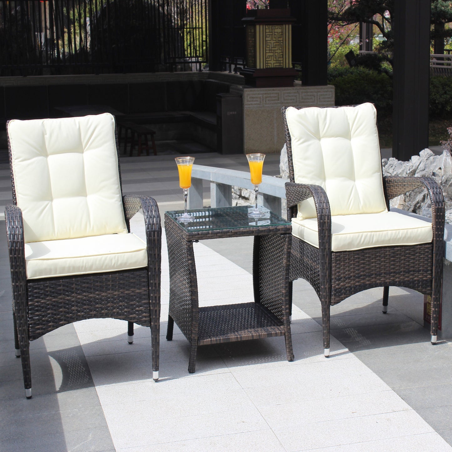 Outdoor Conversation Set PE Rattan Steel Brown Beige Cushion 3 Piece
