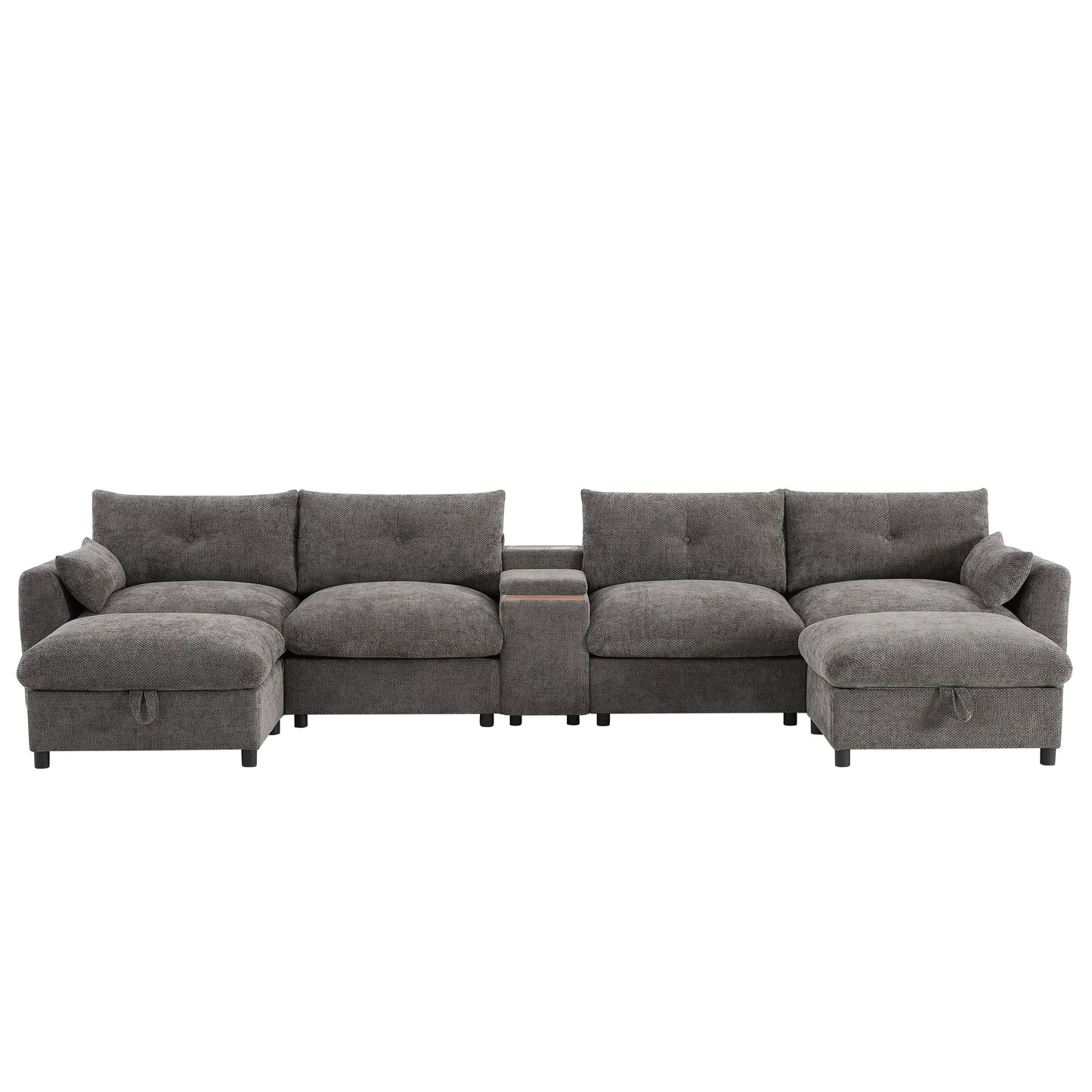 Sectional Sofa U-Shape Chenille Gray 6 Seat USB Console 136 In