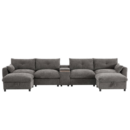 Sectional Sofa U-Shape Chenille Gray 6 Seat USB Console 136 In