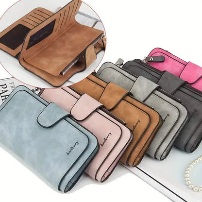 Vintage Faux Leather Long Wallet – Trifold Credit Card Holder with Snap & Zipper