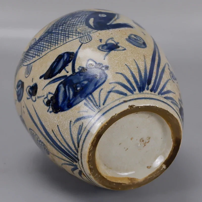 Yuan-Style Blue and White Lotus Seed Jar – Hand-Painted Fish Bath Pattern