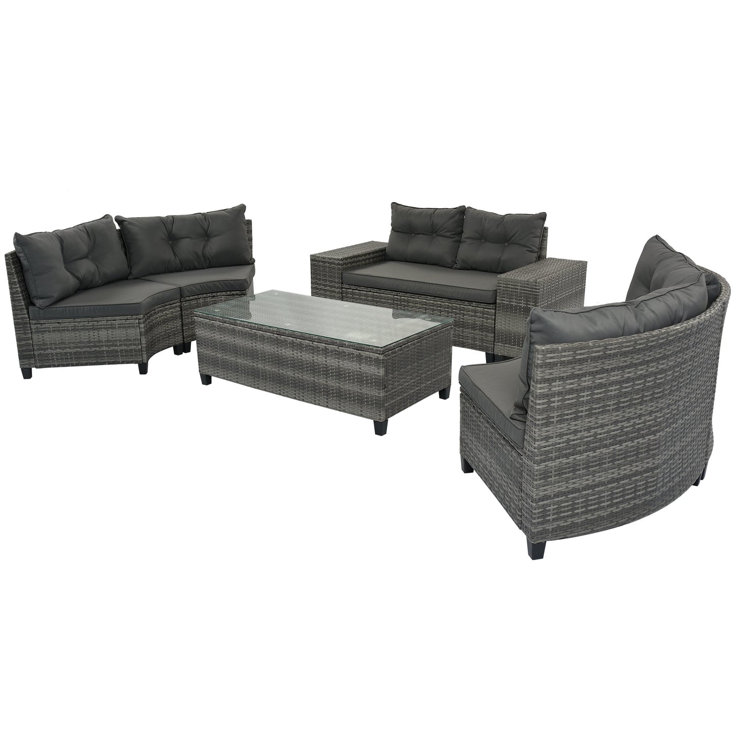 Outdoor Sectional Set PE Wicker Steel Gray Half Moon 8 Piece 250 LB