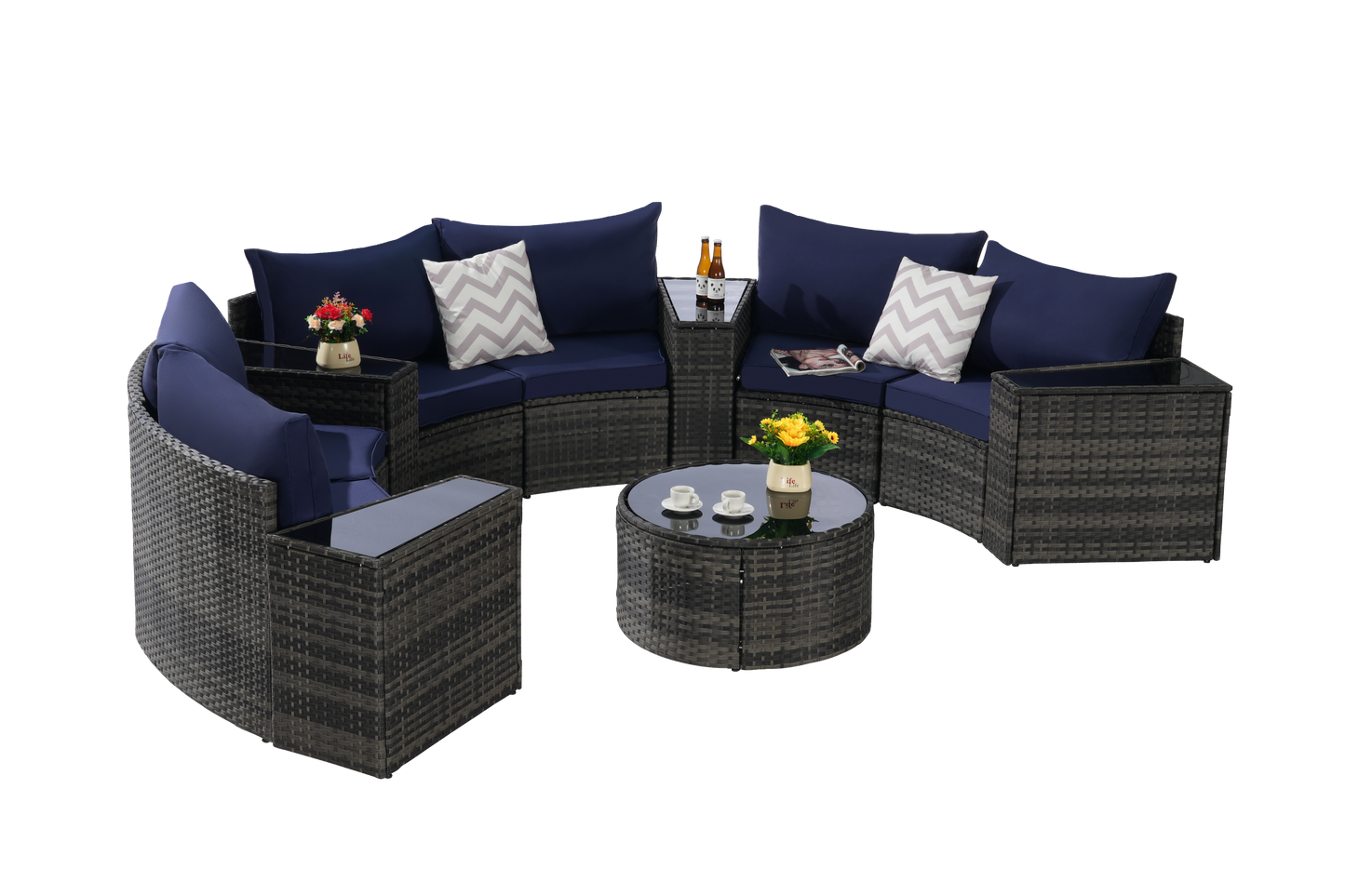 Outdoor Sectional Set PE Rattan Dark Blue Half Moon 11 Piece