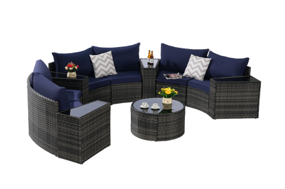 Outdoor Sectional Set PE Rattan Dark Blue Half Moon 11 Piece