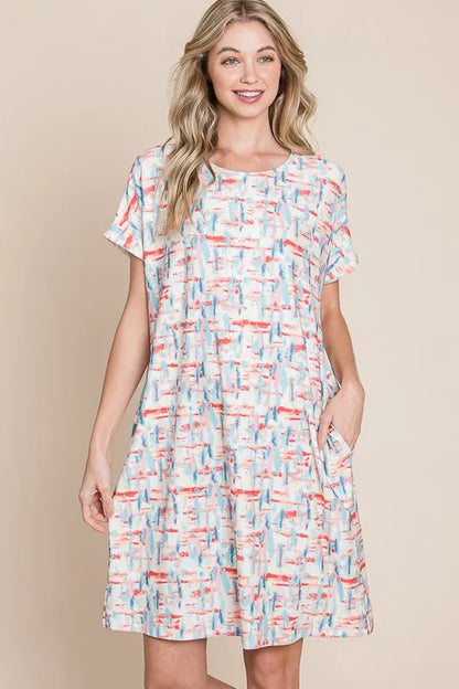 BOMBOM Printed Round Neck Short Sleeve Tee Dress
