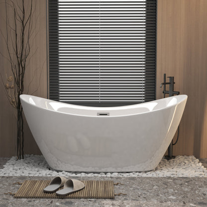 Modern Acrylic Freestanding Tub, Gloss White, Chrome Overflow and Pop-Up Drain