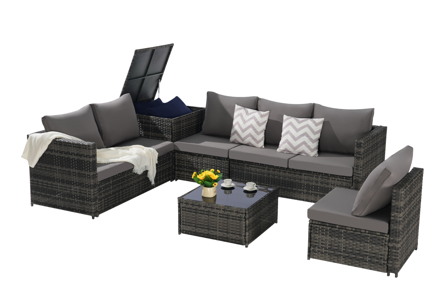 Outdoor Sectional Set PE Rattan Steel Dark Gray L-Shape 6 Piece Seats 8