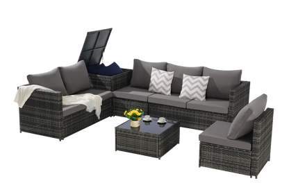 Outdoor Sectional Set PE Rattan Steel Dark Gray L-Shape 6 Piece Seats 8