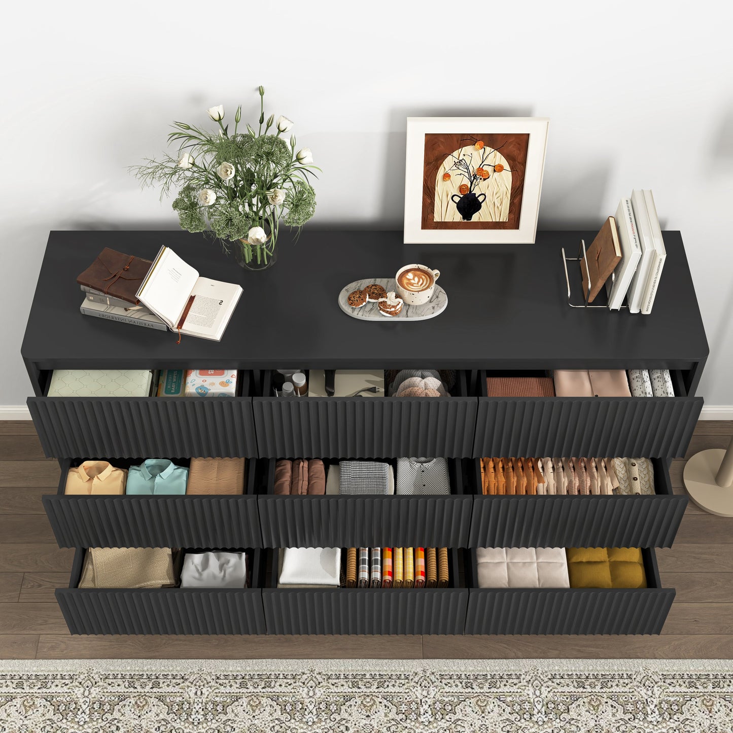 Mid-Century 9-Drawer Black Wave Dresser 59.1x15.7x31.6