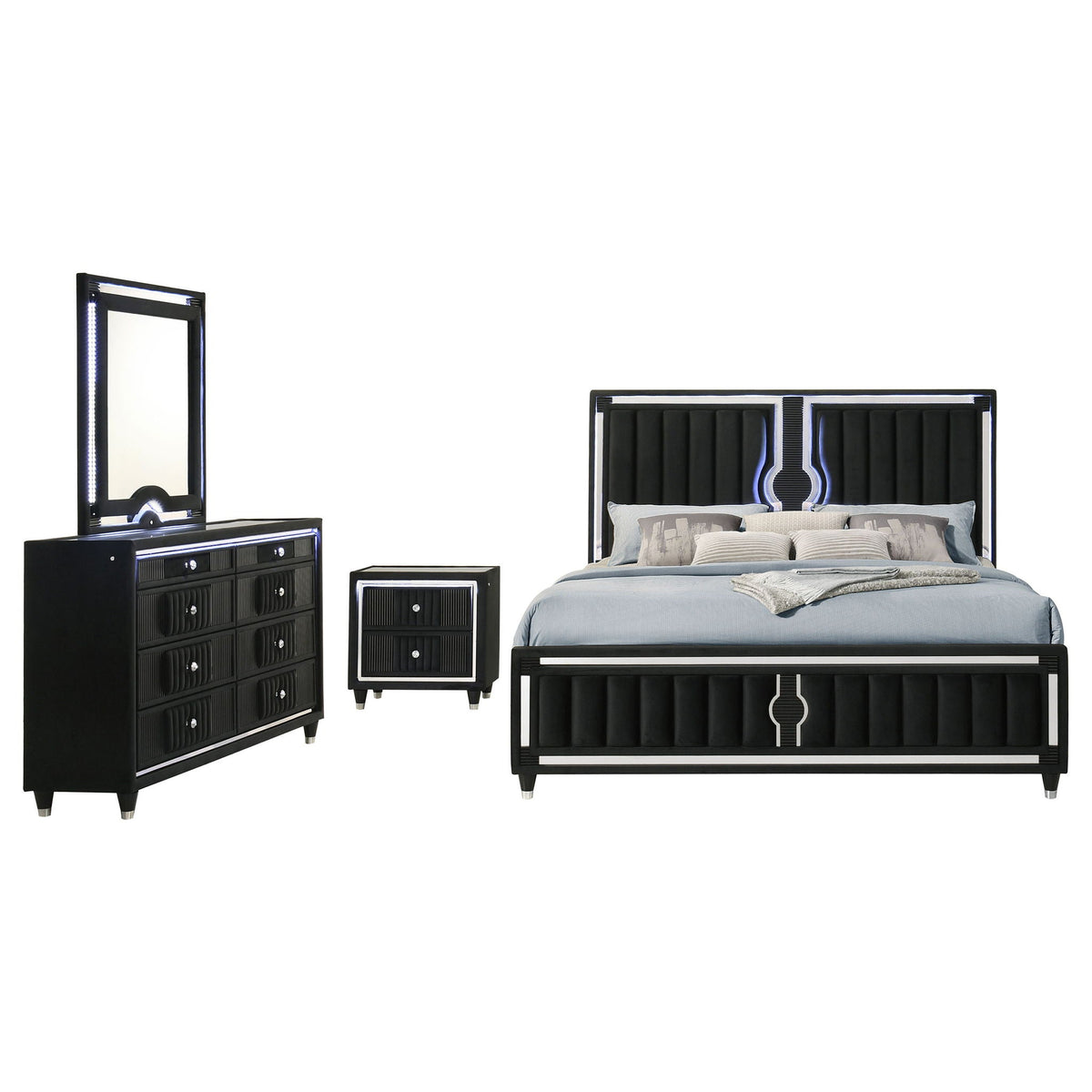 Ravenne 4-piece Velvet Upholstered Eastern King LED Bedroom Set Black