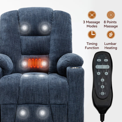 Lift Recliner Chair Power Chenille Blue Heat Massage USB Cup Holders 350 LB