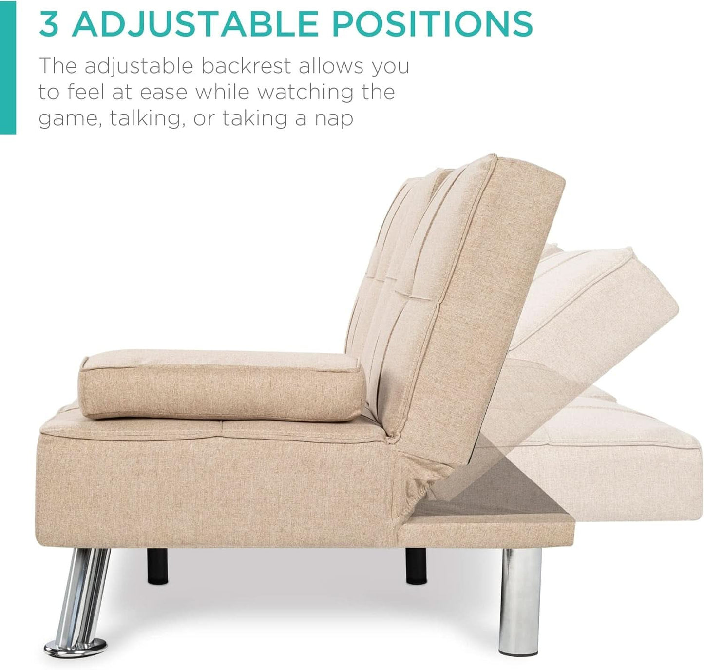 Beige Linen Folding Futon With Three Position Recline