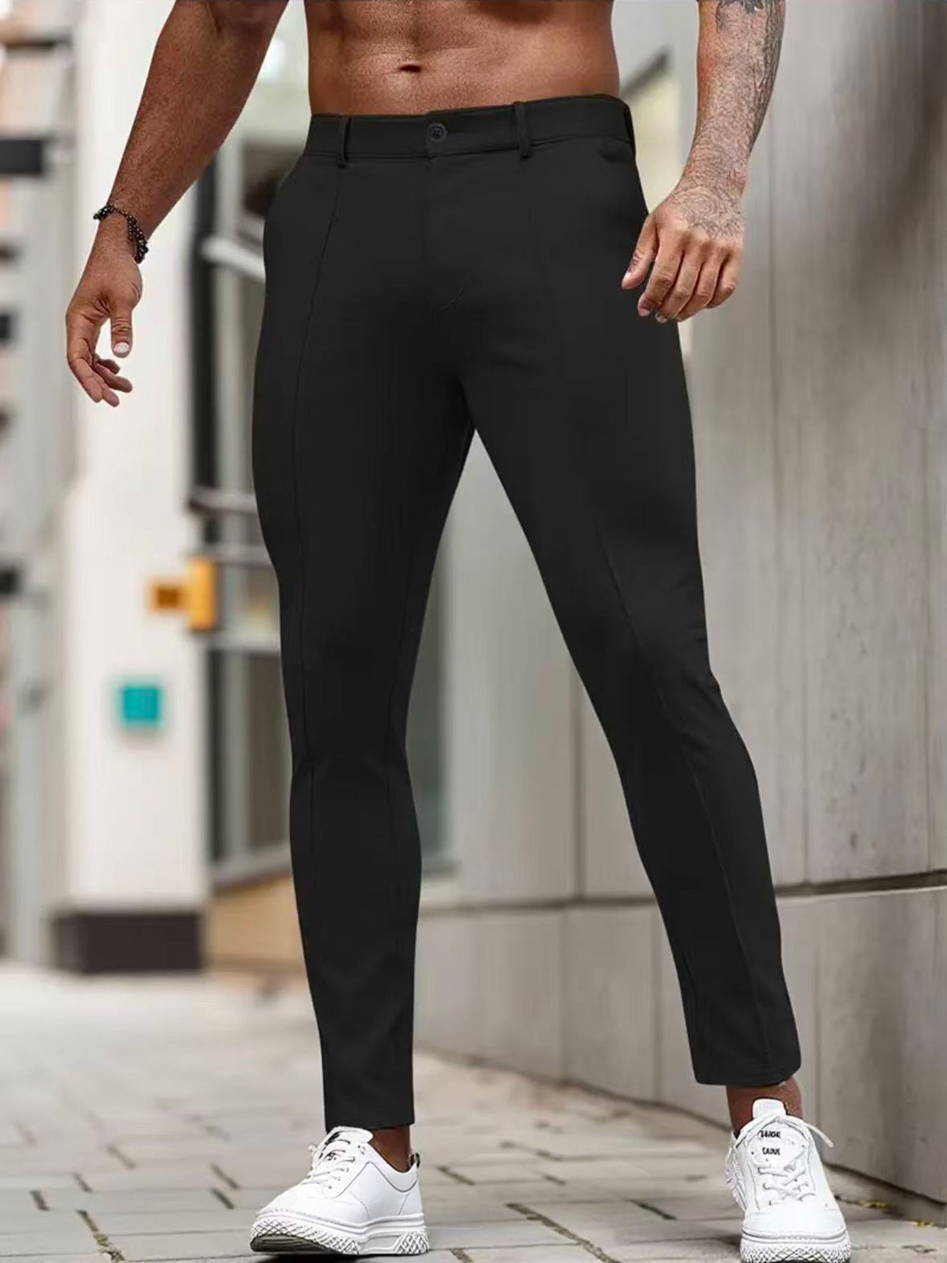 Mens Slim-Fit Solid-Color Stretch Cropped Dress Trousers