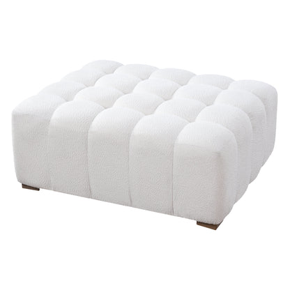 White Boucle Rectangular Ottoman Rubberwood Legs 44.5x35.5x18.5