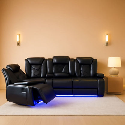 Power Leather Recliner Sofa Set LED Lights USB Ports Black