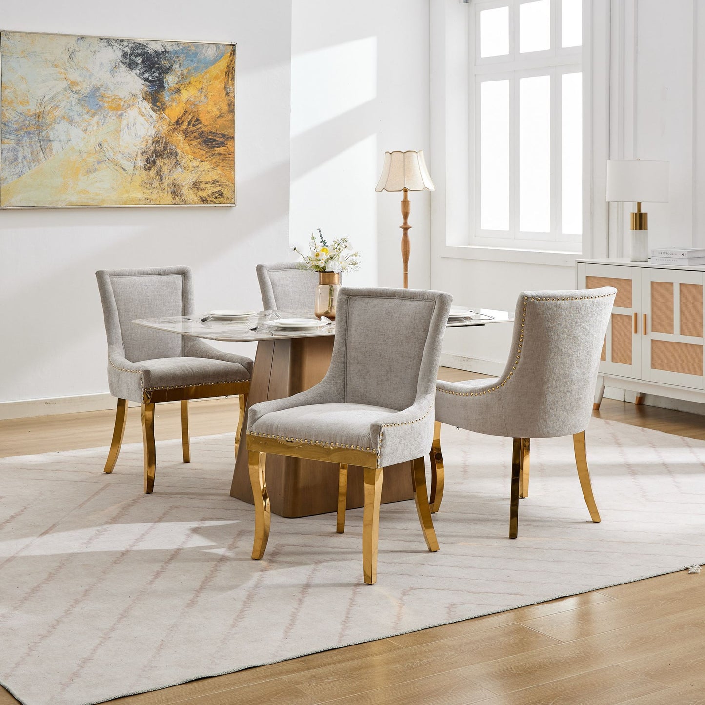 Chenille Dining Chairs, Modern Style with Curved Gold - Plated Legs & Rivet