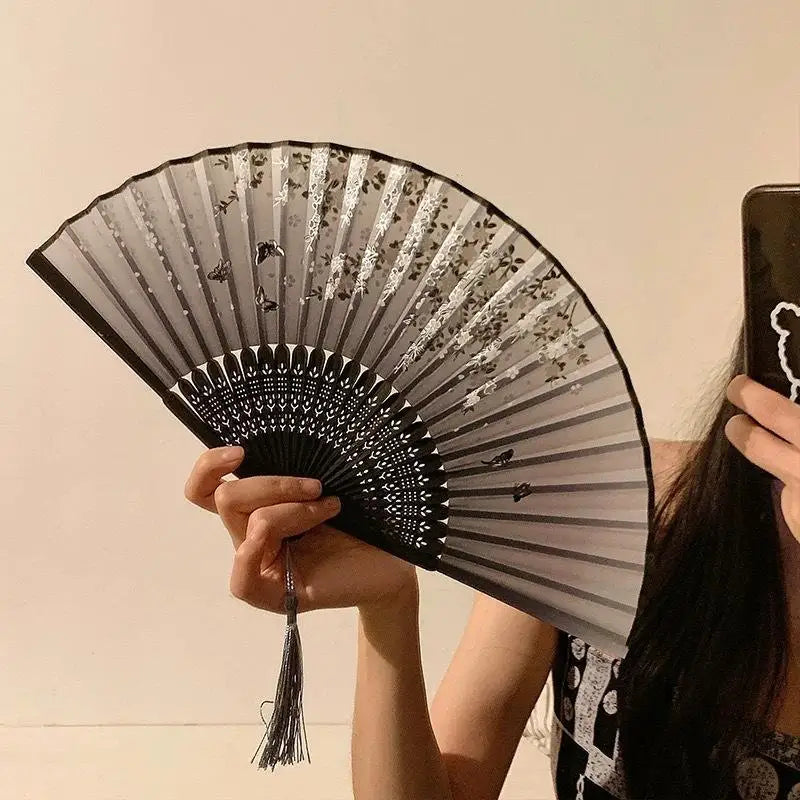 Portable Hand Fold Fan New Chinese Style Dance Props Retro Shell Fan Woman Men Bamboo Wood Silk Flower Folding Fan