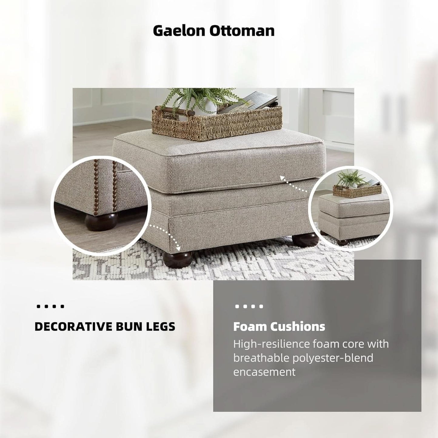 Rectangular Upholstered Ottoman Light Brown Bun Legs